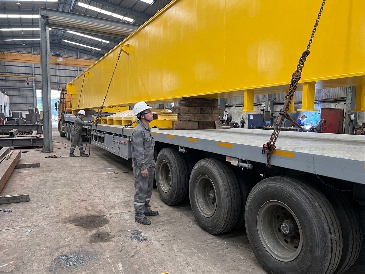 Chặng 1: Bốc xếp, kê lót gối đỡ chữ V và cân tải cặp dầm đôi 35m tại nhà xưởng Tây Ninh